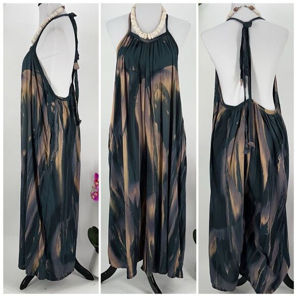 Kahakai ~ Teal Blue Purple Gray Tan Scoop Neck Plunge Back Overall Romper